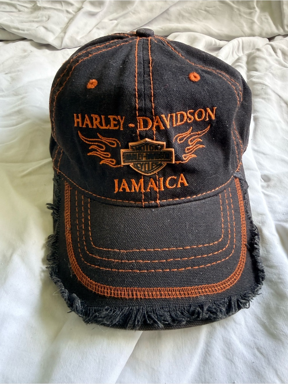 Harley-Davidson Black Hat with Orange Stitching and Logo